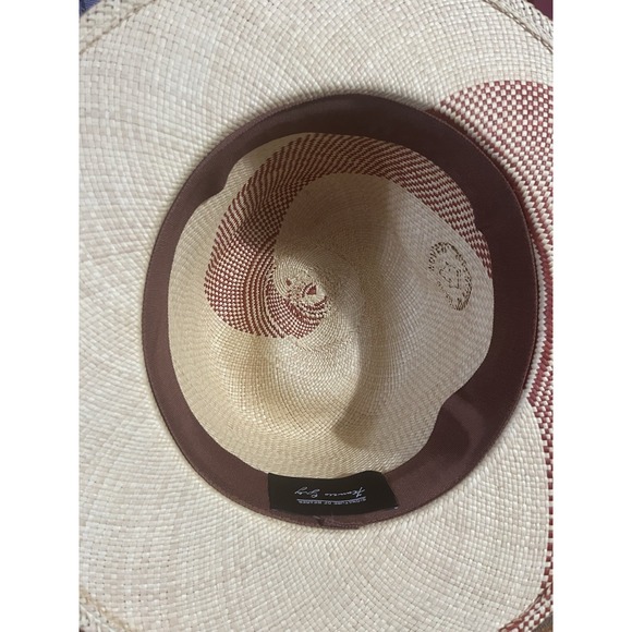 Frances Grey Hand Woven Straw Panama Hat Two Tone Cream Brown Wide Brim Fedora - Picture 5 of 14
